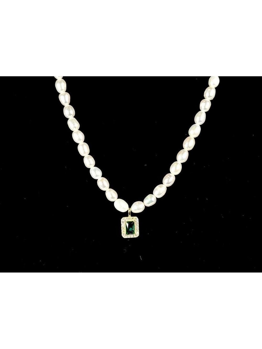 Neo Relique Freshwater Pearl Necklace 925 Silver 14K Gold Green CZ Pendant